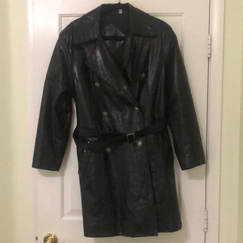 REAL Leather black trench coat jacket pockets
